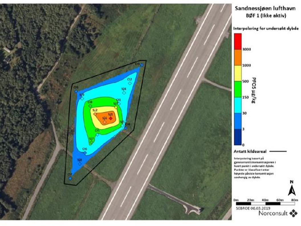 Aerial view of Sandnessjøen airport with a color-coded GIS map overlay showing pollution levels, ranging from low (blue) to high (red), on the left side near the runway